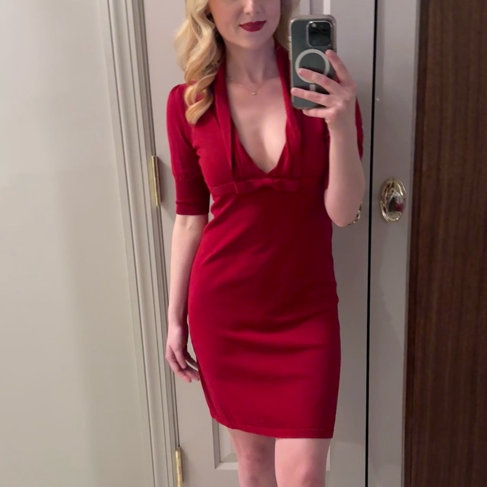 Max Studio Red Mini Dress Plunge Neckline